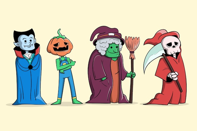 Vettore gratuito collezione di personaggi di halloween disegnati a mano