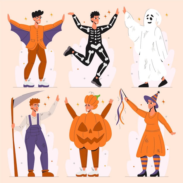 Vettore gratuito collezione di personaggi di halloween disegnati a mano