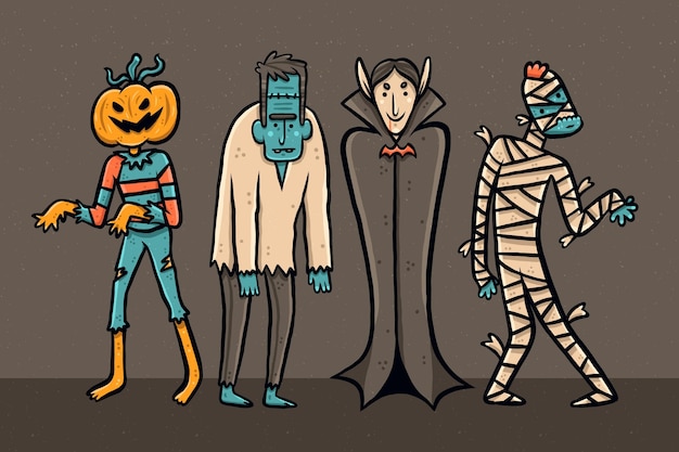 Collezione di personaggi di halloween disegnati a mano