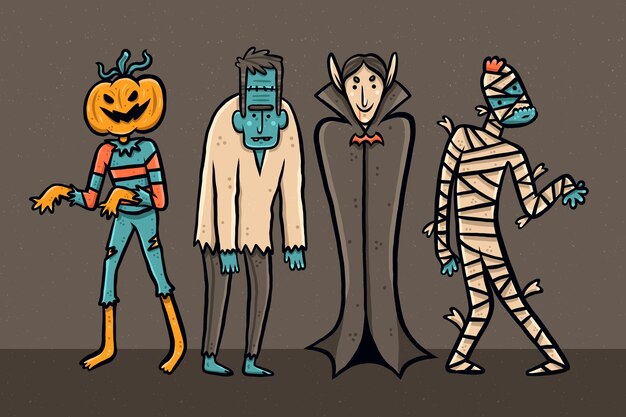 Hand drawn halloween character collection