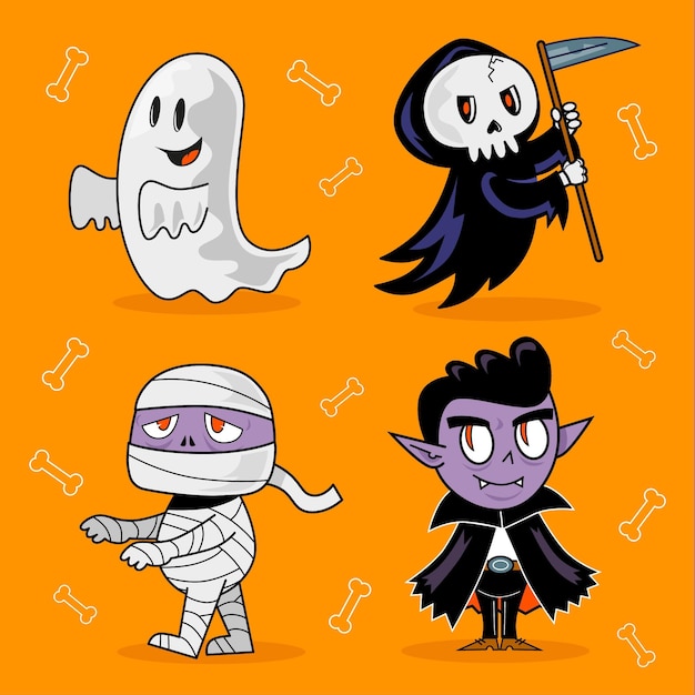 無料ベクター 手描きハロウィンキャラクターコレクション