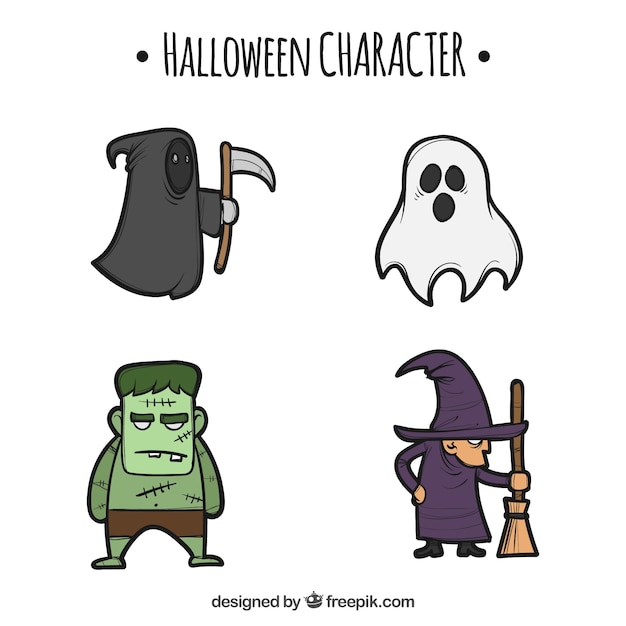 Free vector hand-drawn halloween collection of typical characters