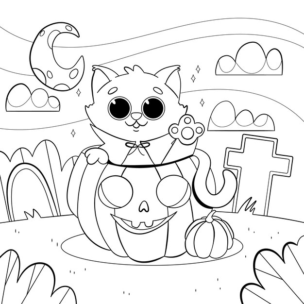 Hand drawn halloween coloring page illustration