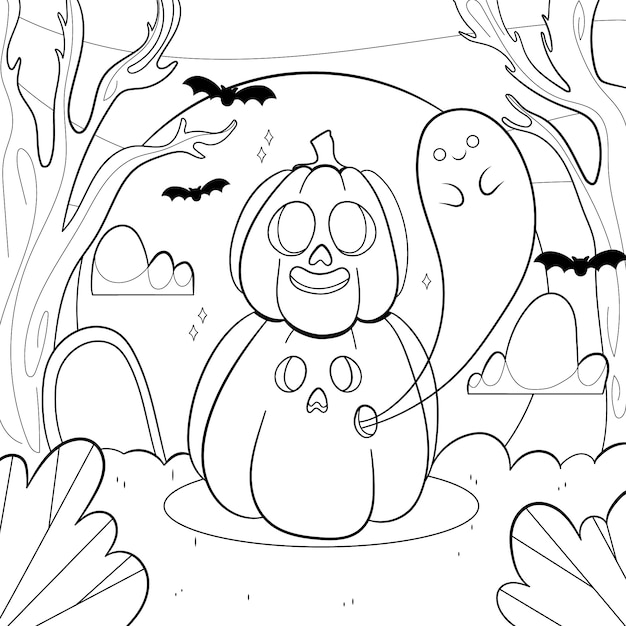 Hand drawn halloween coloring page illustration