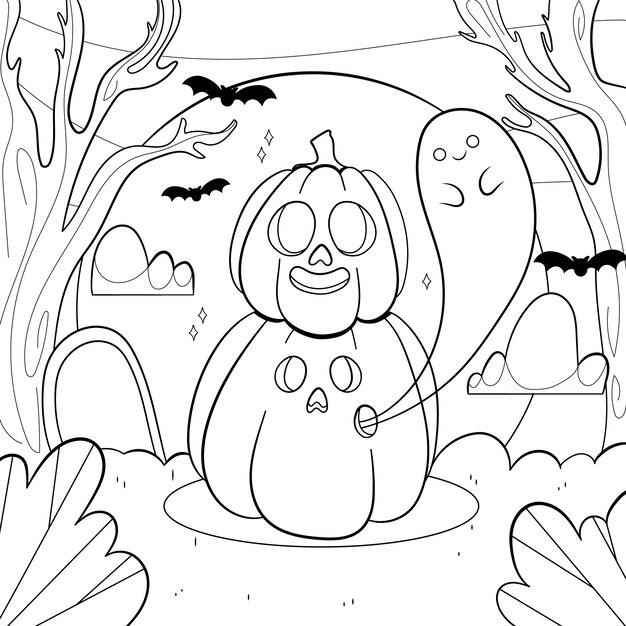 Hand drawn halloween coloring page illustration