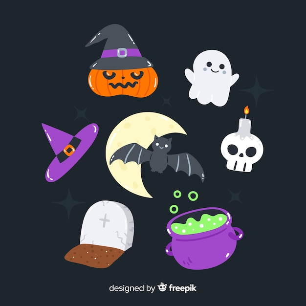 Free vector hand drawn halloween element collection on black background