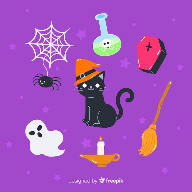 Hand drawn halloween element collection with kitty in centre