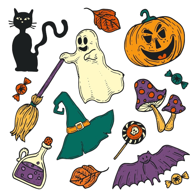 無料ベクター 手描きのハロウィーンの要素のコレクション