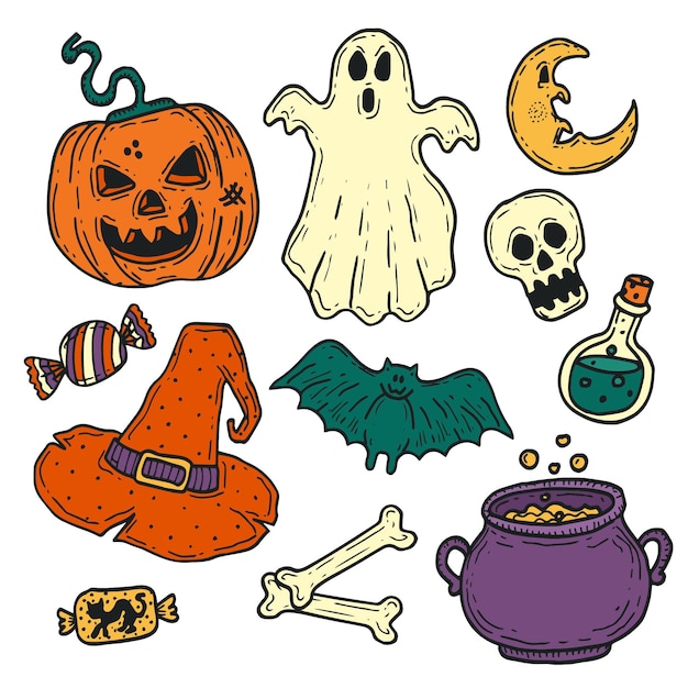 Vettore gratuito collezione di elementi di halloween disegnati a mano