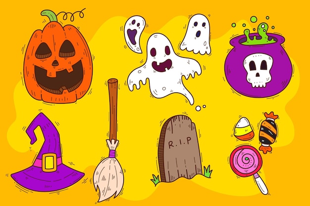 Vettore gratuito collezione di elementi di halloween disegnati a mano