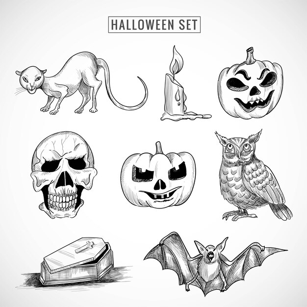 Hand drawn halloween elements set sketch design
