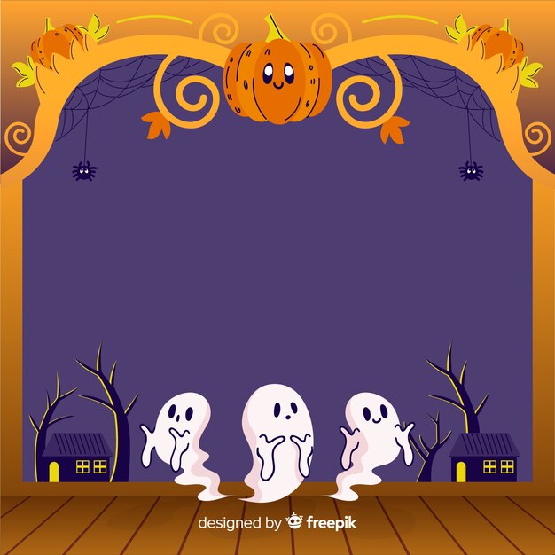 Hand drawn halloween frame with pumpkin and ghosts