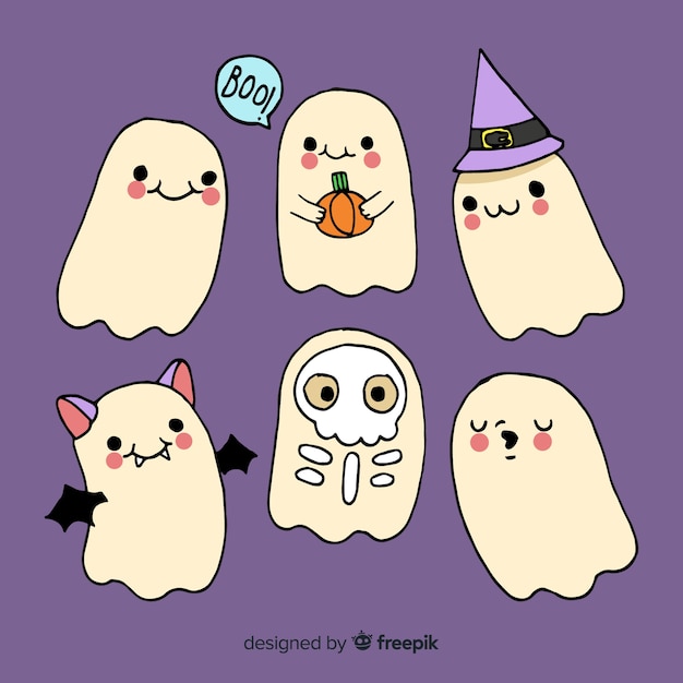 無料ベクター 手描きの衣装でハロウィンゴーストコレクション