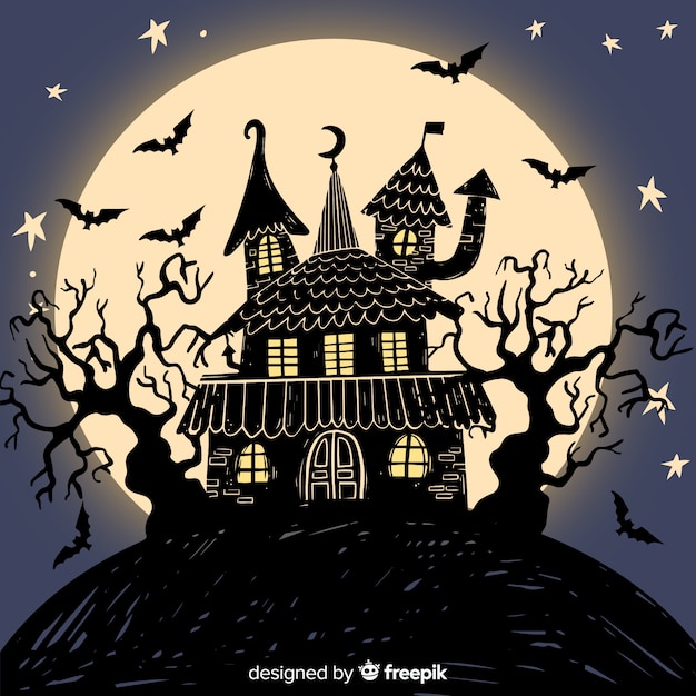 Бесплатное векторное изображение Ручной обращается дом с привидениями хэллоуин с полной луной