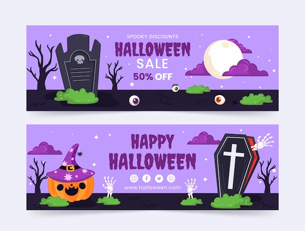 Vettore gratuito set di banner orizzontali di halloween disegnati a mano