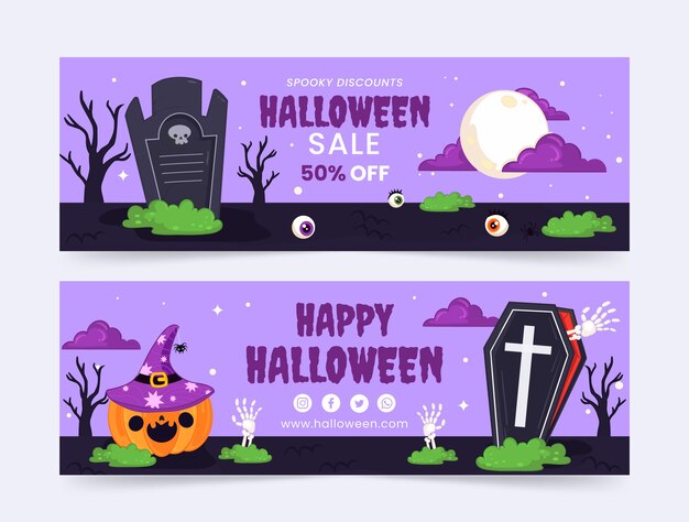 Hand drawn halloween horizontal banners set