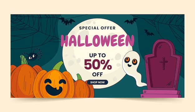 Modello di banner di vendita orizzontale di halloween disegnato a mano