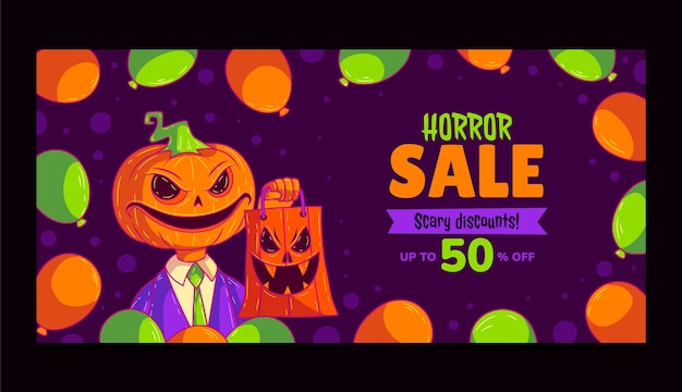 Hand drawn halloween horizontal sale banner template