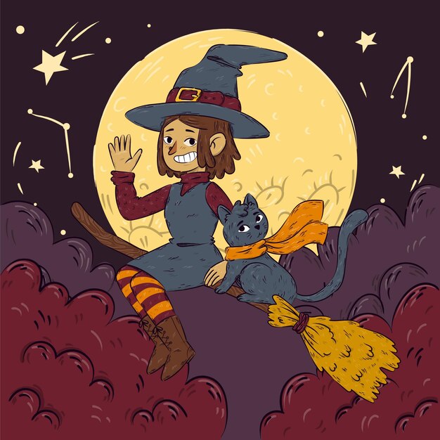 Hand drawn halloween illustration with witch