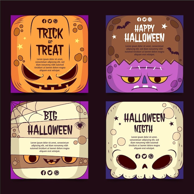 Free vector hand drawn halloween instagram posts collection