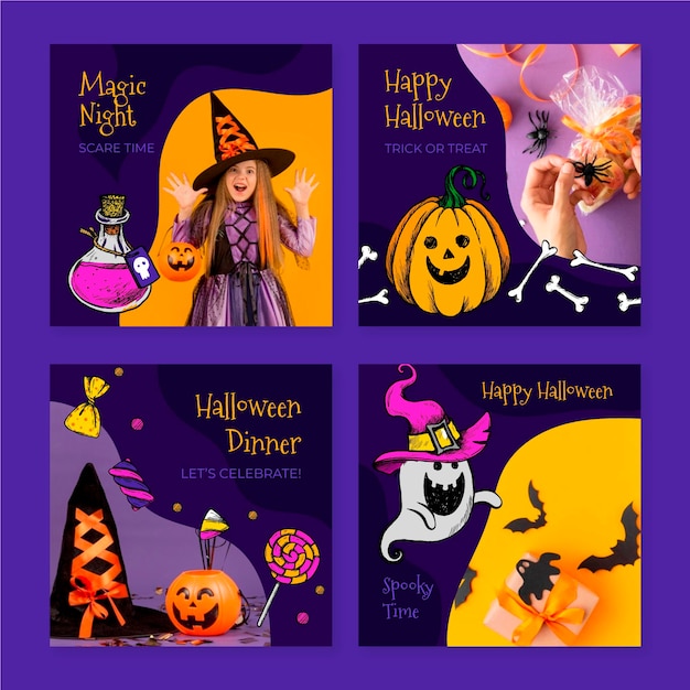 Free vector hand drawn halloween instagram posts collection