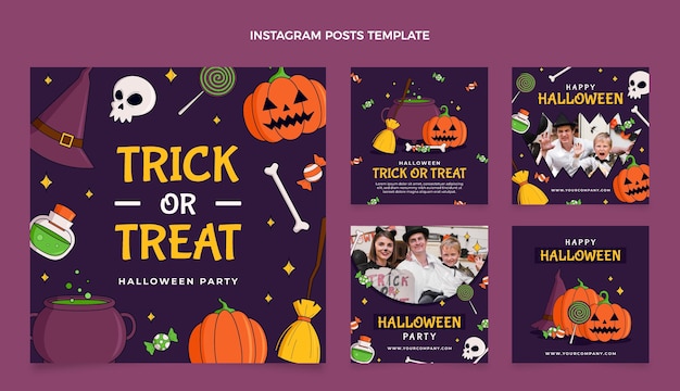 Free vector hand drawn halloween instagram posts collection