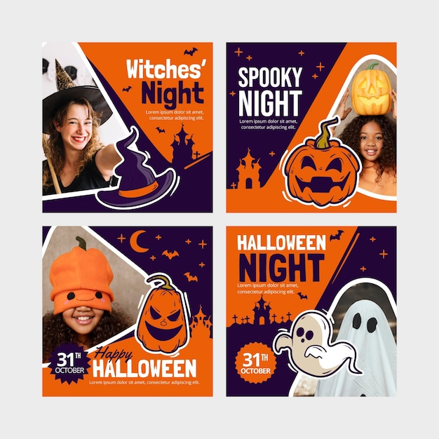 Vettore gratuito collezione di post di instagram di halloween disegnati a mano