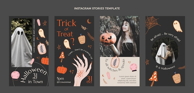 Vettore gratuito collezione di storie di instagram di halloween disegnate a mano