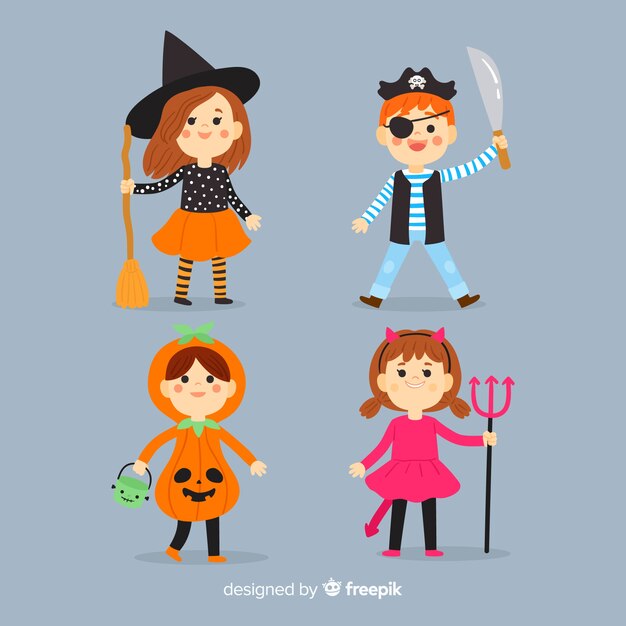 Hand drawn halloween kid collection on blue background