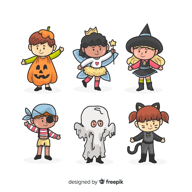 Free vector hand drawn halloween kid collection