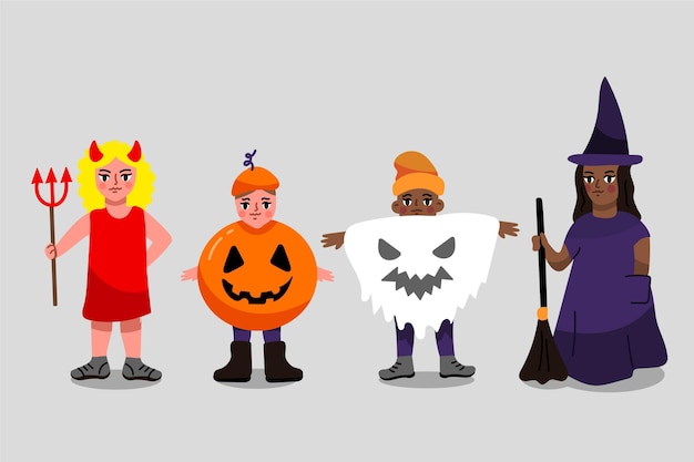 Collezione di bambini di halloween disegnata a mano