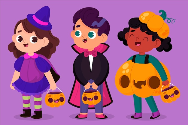 Vettore gratuito collezione di bambini di halloween disegnata a mano