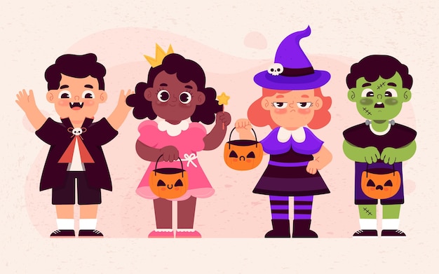 Collezione di bambini di halloween disegnata a mano