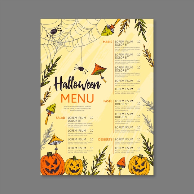 Vettore gratuito modello di menu halloween disegnato a mano