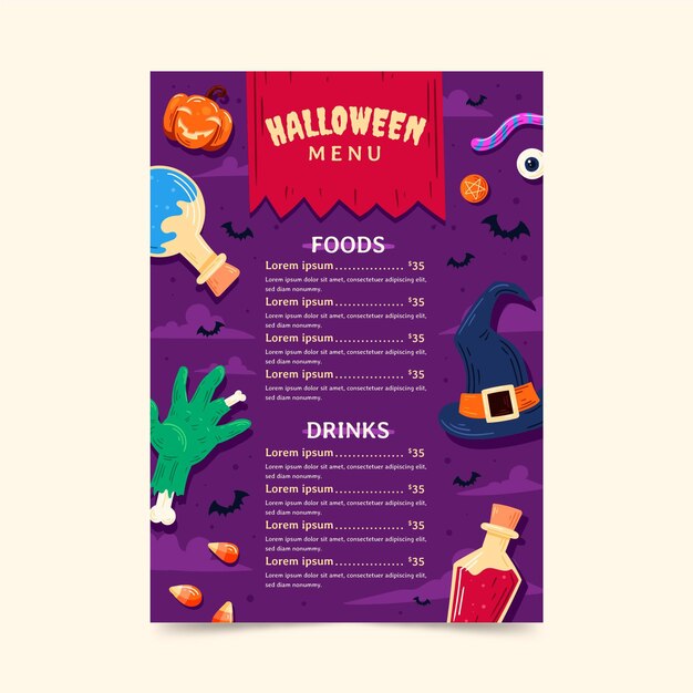 Modello di menu di halloween disegnato a mano