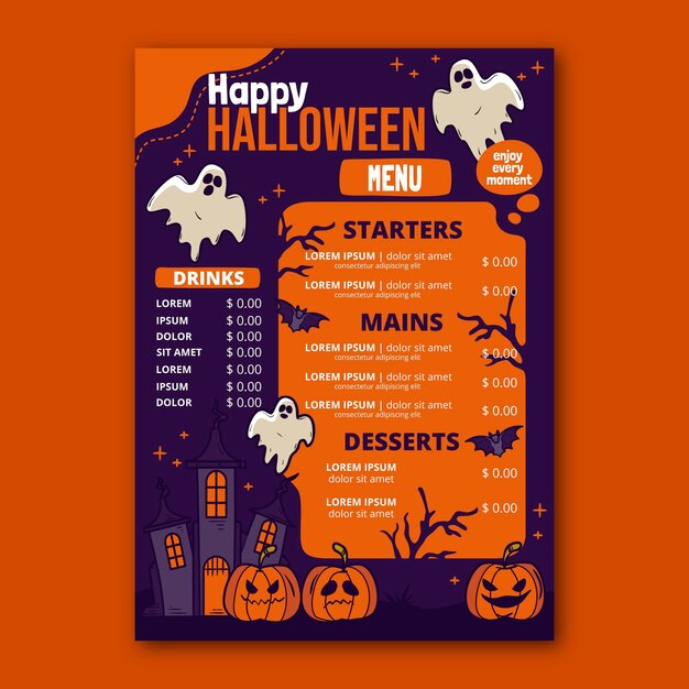 Vettore gratuito modello di menu di halloween disegnato a mano