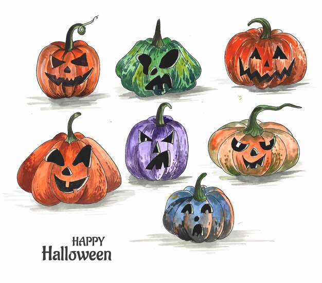 Free vector hand drawn halloween pumpkins funny watercolor set design