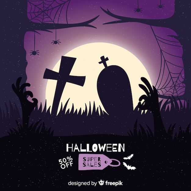 Free vector hand drawn halloween sale in a graveyard