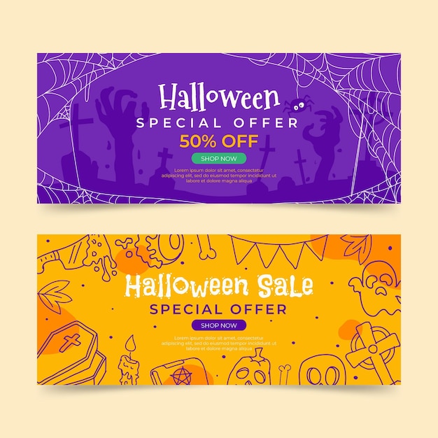 Бесплатное векторное изображение Набор рисованной хэллоуин продажа горизонтальных баннеров