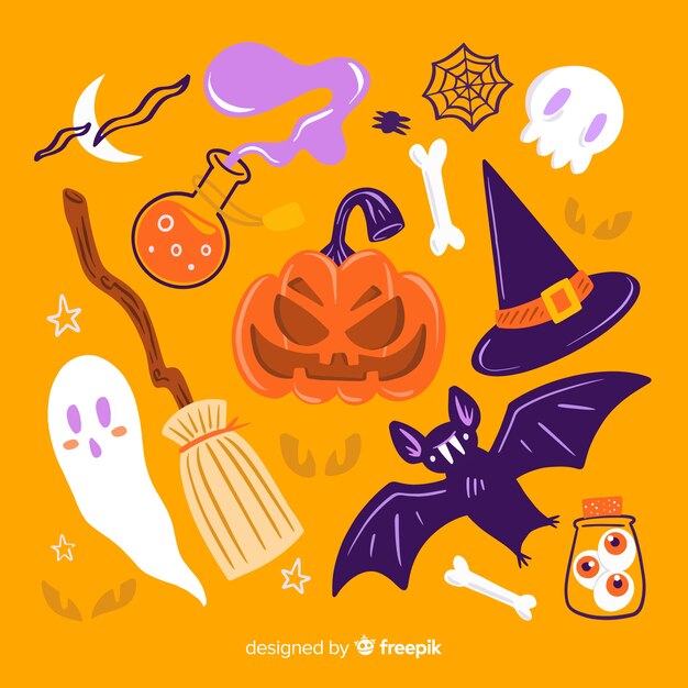 Hand drawn halloween set of cute elements on orange background