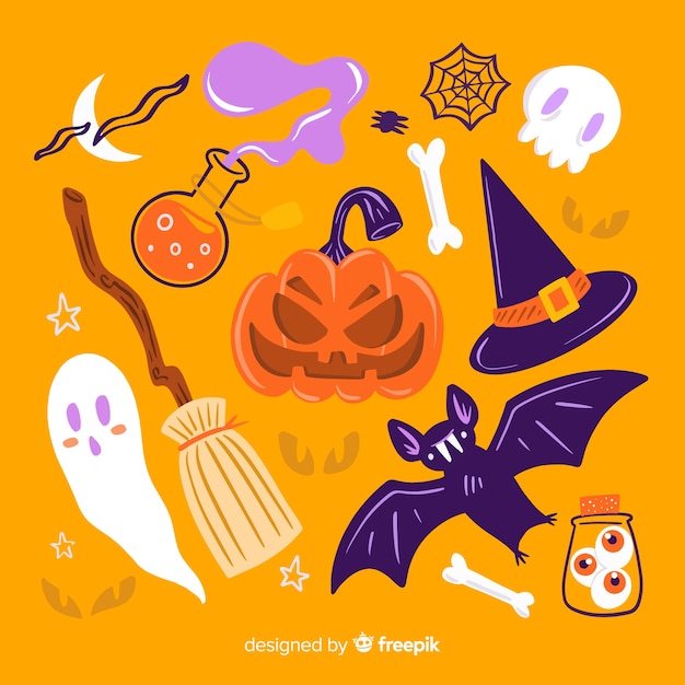 オレンジ色の背景にかわいい要素の手描きハロウィーンセット