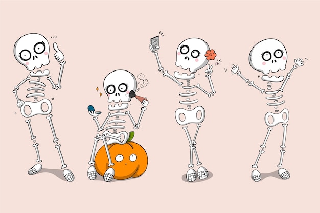 Vettore gratuito collezione di scheletri di halloween disegnati a mano