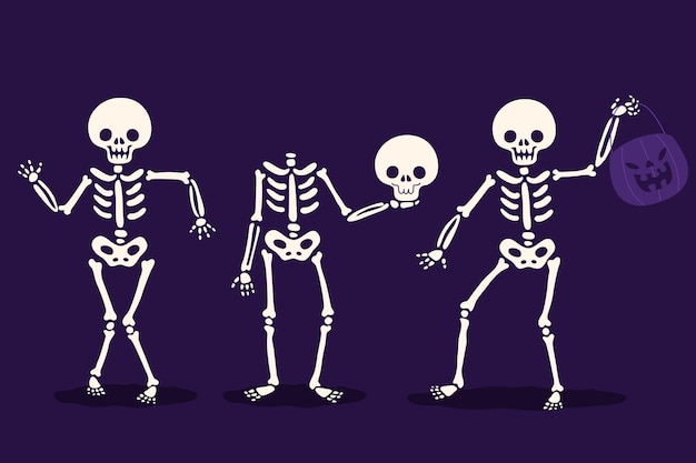 Vettore gratuito collezione di scheletri di halloween disegnati a mano