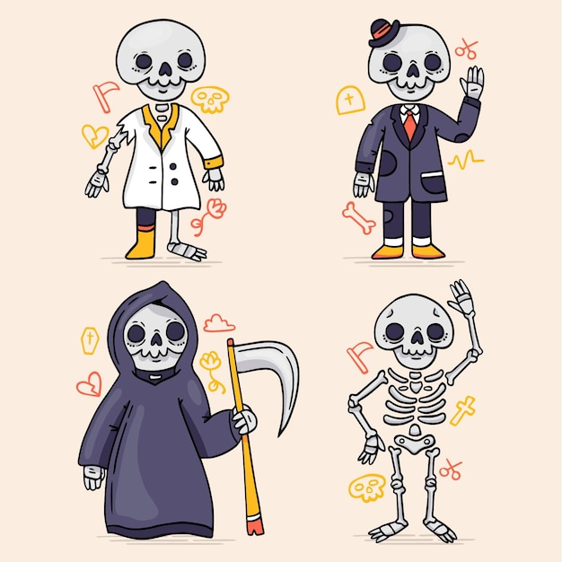 Free vector hand drawn halloween skeletons collection