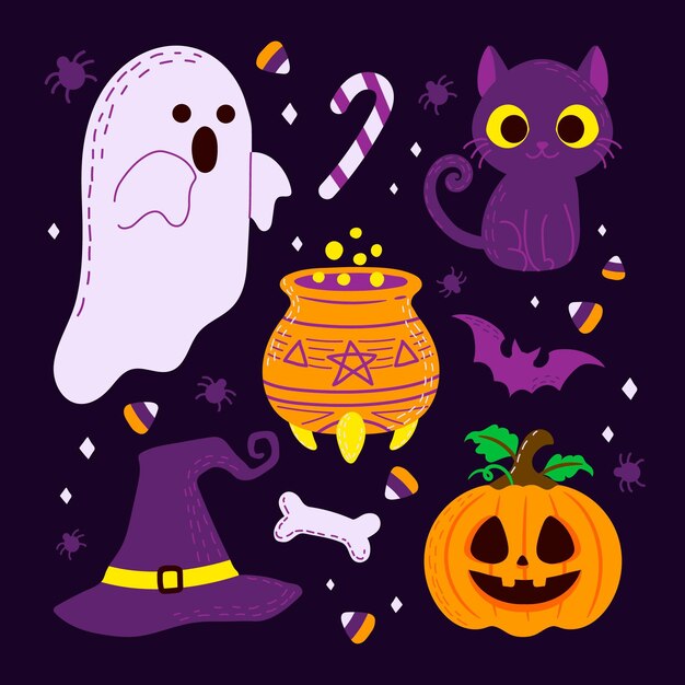 Hand drawn halloween spooky element collection