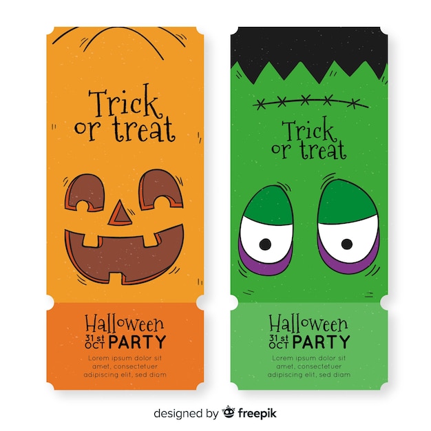 Hand drawn halloween tickets with pumpkin and frankenstein