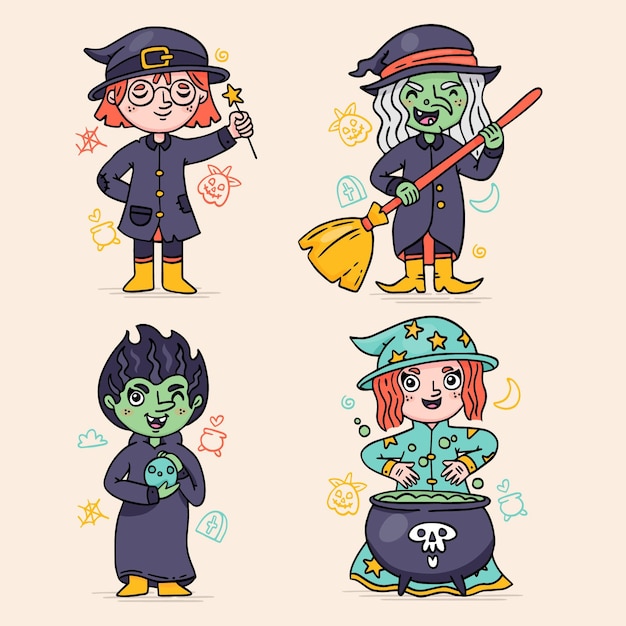 Free vector hand drawn halloween witches collection