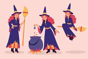 Бесплатное векторное изображение Коллекция рисованной хэллоуин ведьмы
