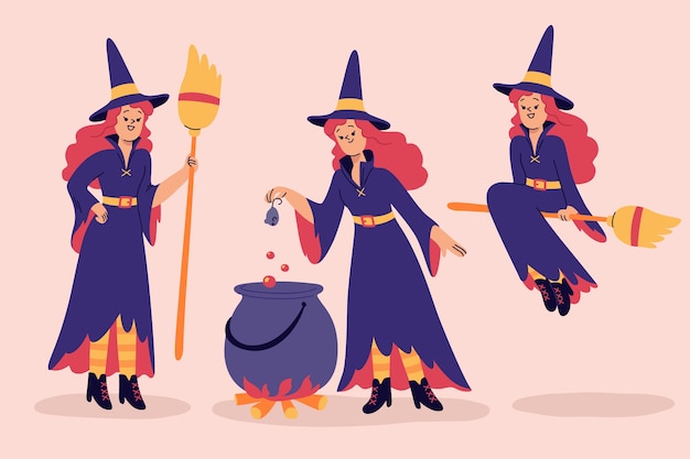 Hand drawn halloween witches collection