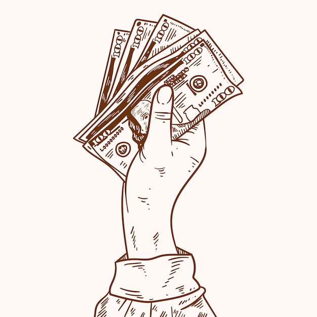 Hand drawn  hand holding money drawing illustration